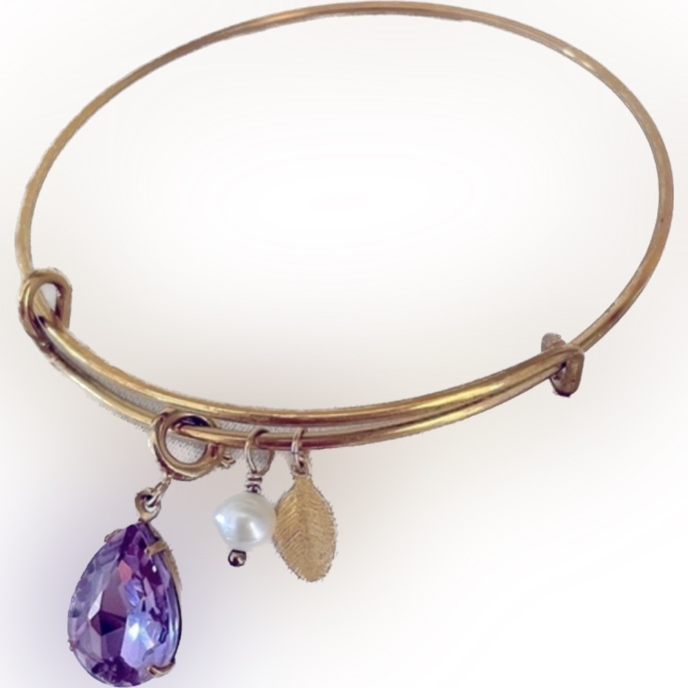 Vintage Brass Wire Purple Rhinestone Pearl Charm Bracelet